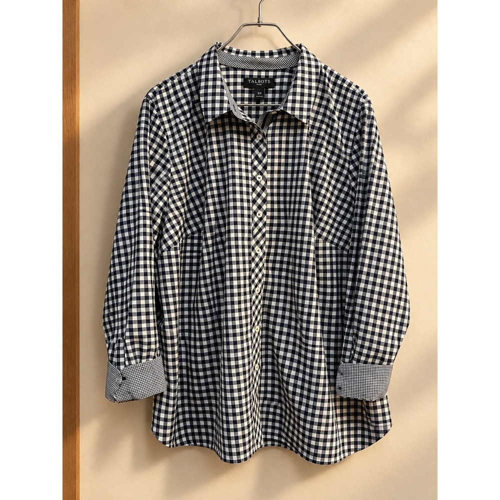 Talbots Plus 3X Navy Blue White Gingham Check Cotton Button Down Shirt Top